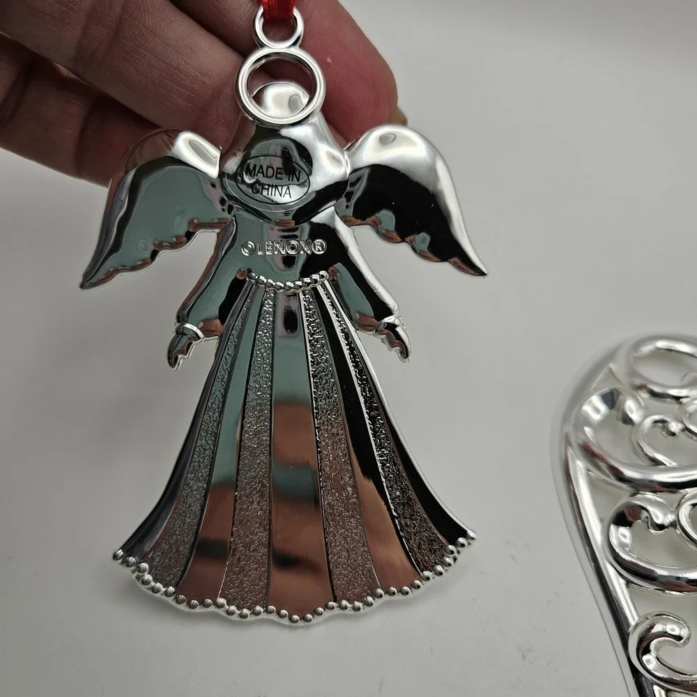 Lenox Silverplate Angel & Heart Hanging Ornaments Set of 2, Silver/Red Christmas